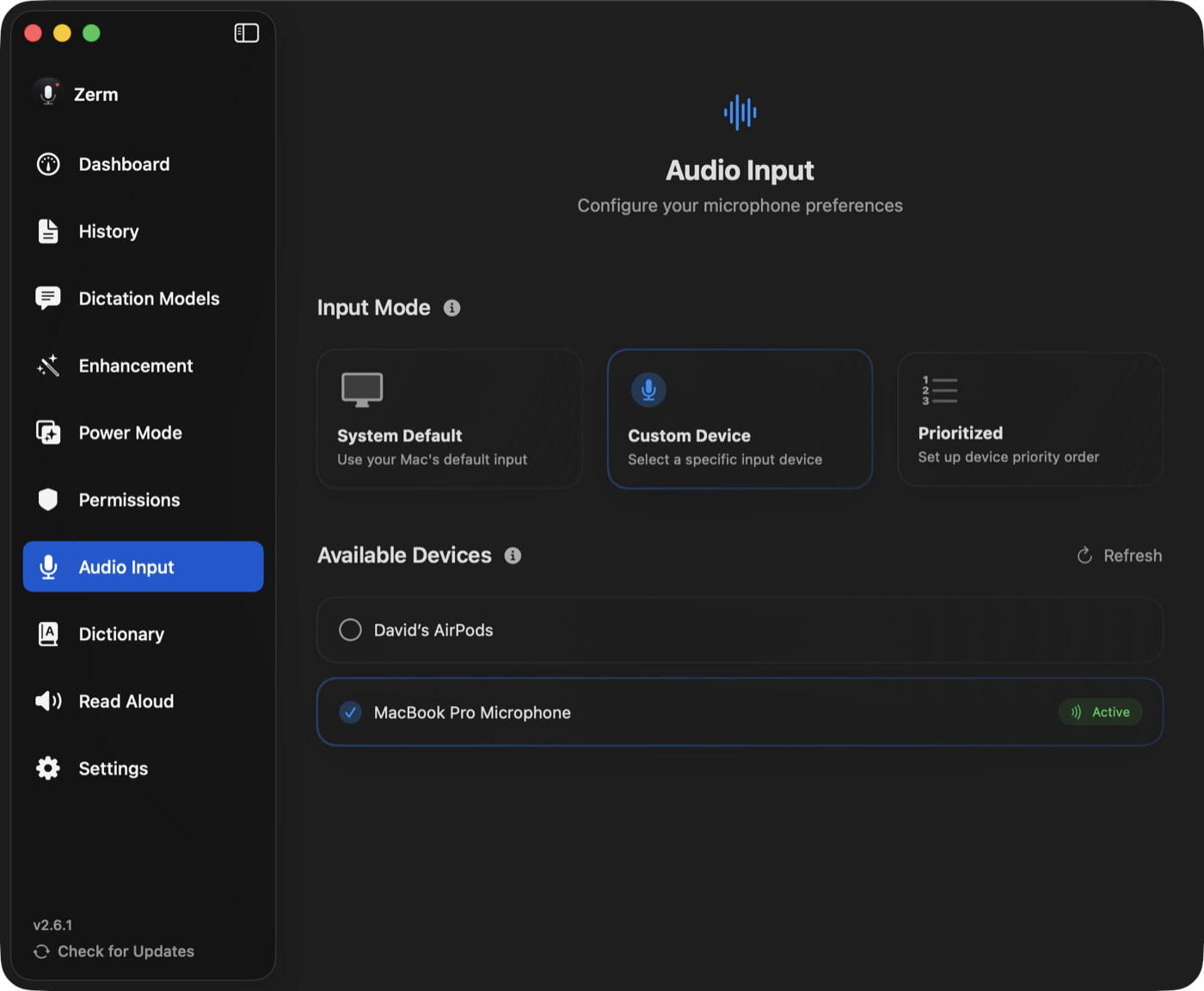 Audio input settings