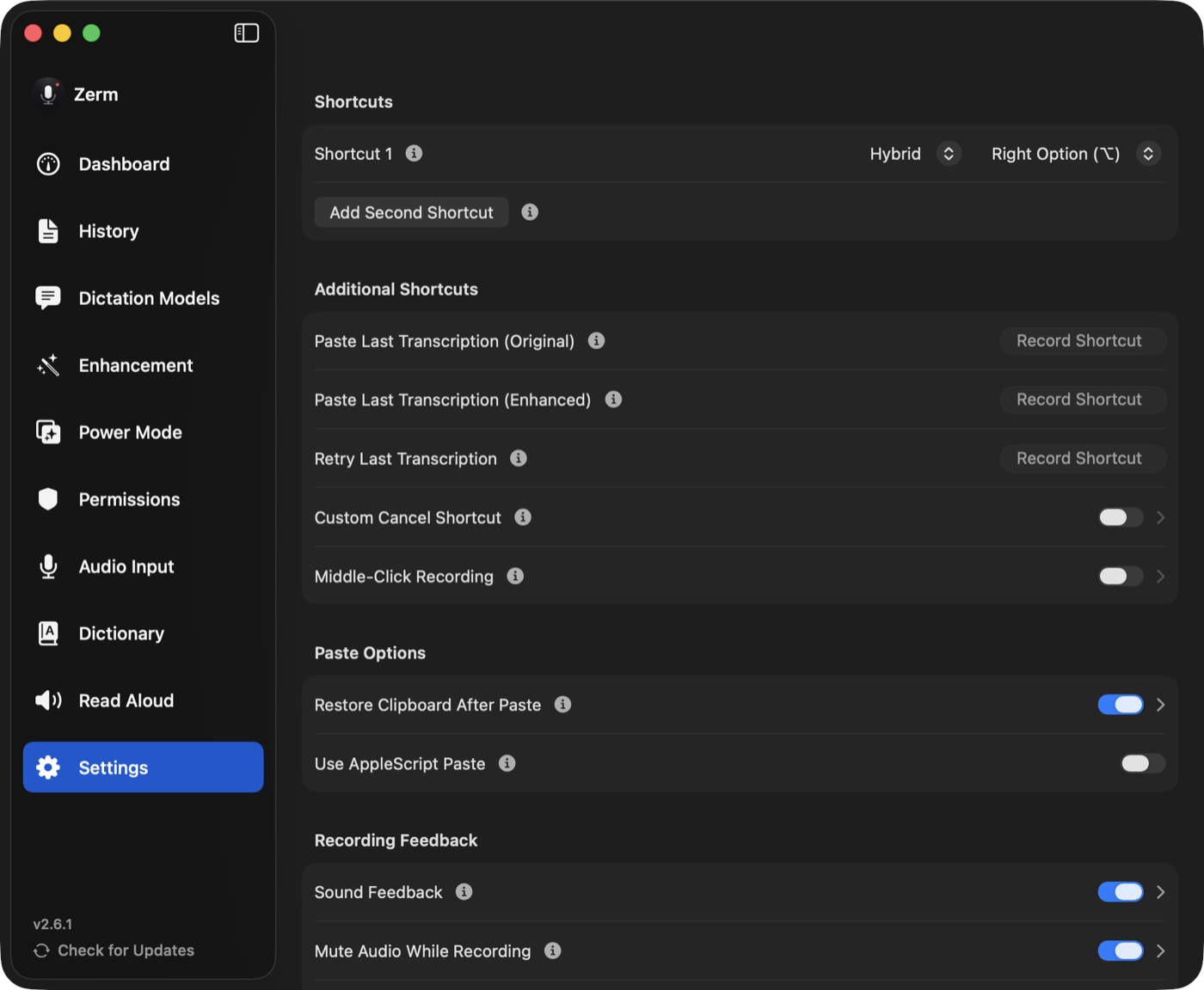 Shortcut settings